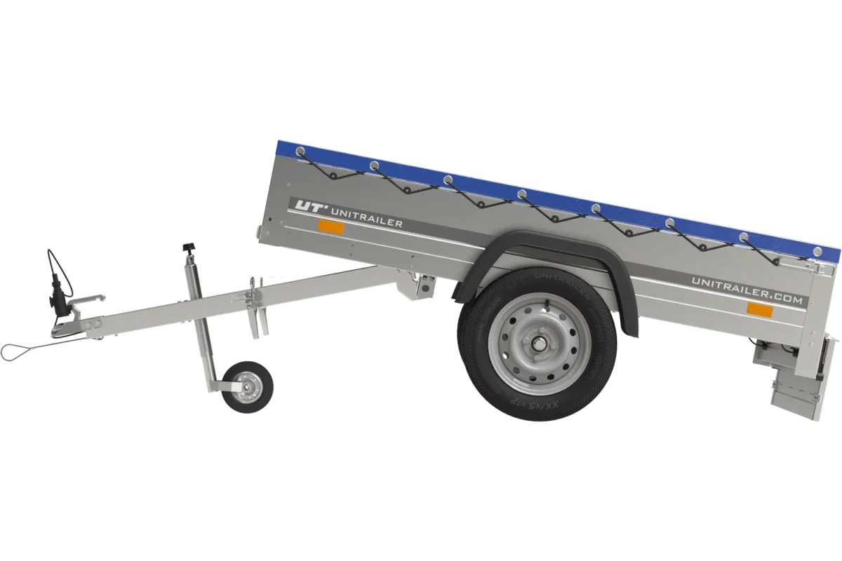 Garden Trailer 200 Kipp mit blauer Flachplane und Stützrad