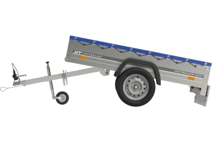 Garden Trailer 200 Kipp mit blauer Flachplane und Stützrad