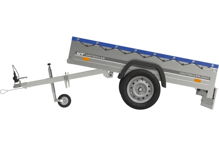 Garden Trailer 200 Kipp mit blauer Flachplane und Stützrad